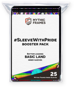 A pack of 25 Mythic Frames for Land Magic: The Gathering cards featuring the SleeveWithPride design